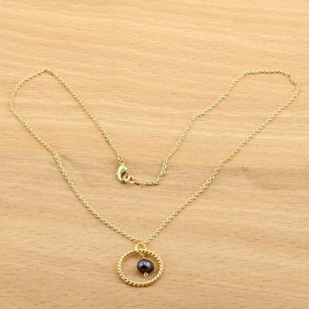 Black Pearl stone pendant necklace, Brass with 22k gold plated, Handmade jewelry